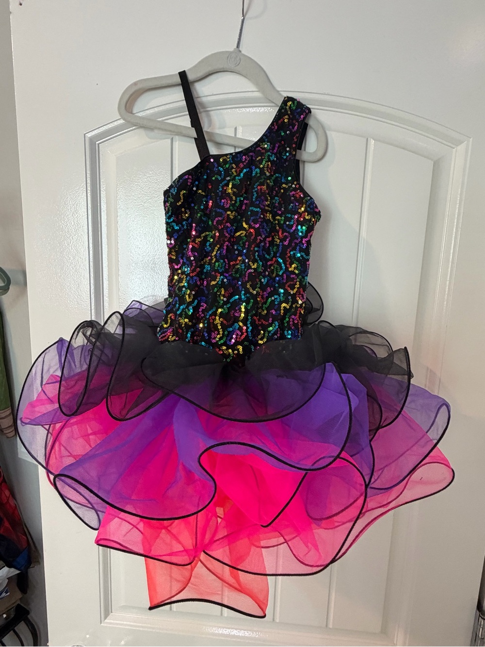Revo Multicolor Sequin One-Shoulder Dance Costume with Pink & Purple Tulle